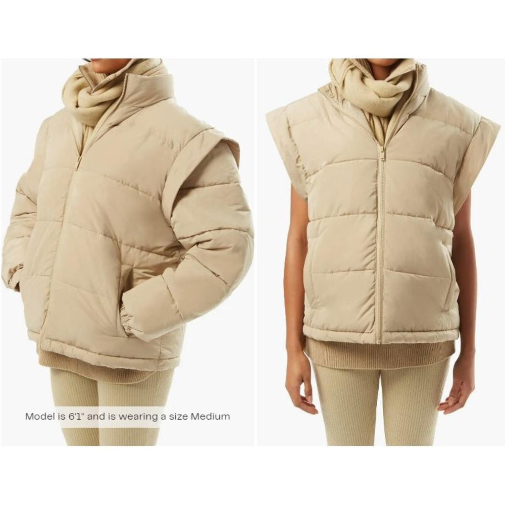 WeWoreWhat Women Beige Puffer Coat Vest Snap-Off Sleeves Pockets Medium NEW